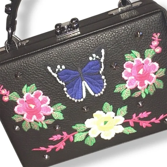 Nasty Gal Black faux leather embroidered Butterfly Flowers studs Crossbody Purse - Picture 2 of 12